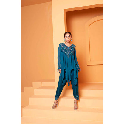 Bani Khurana Teal Embellished Handkerchief Kurti with Dhoti (Set of 2)