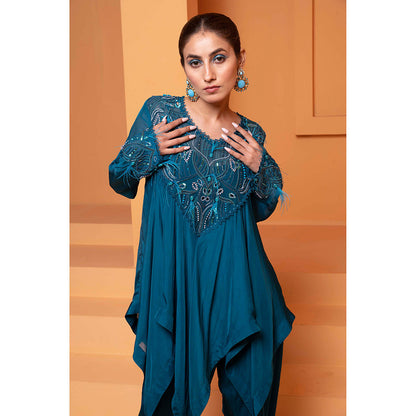 Bani Khurana Teal Embellished Handkerchief Kurti with Dhoti (Set of 2)