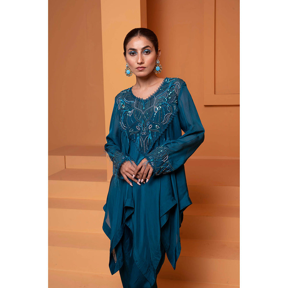 Bani Khurana Teal Embellished Handkerchief Kurti with Dhoti (Set of 2)