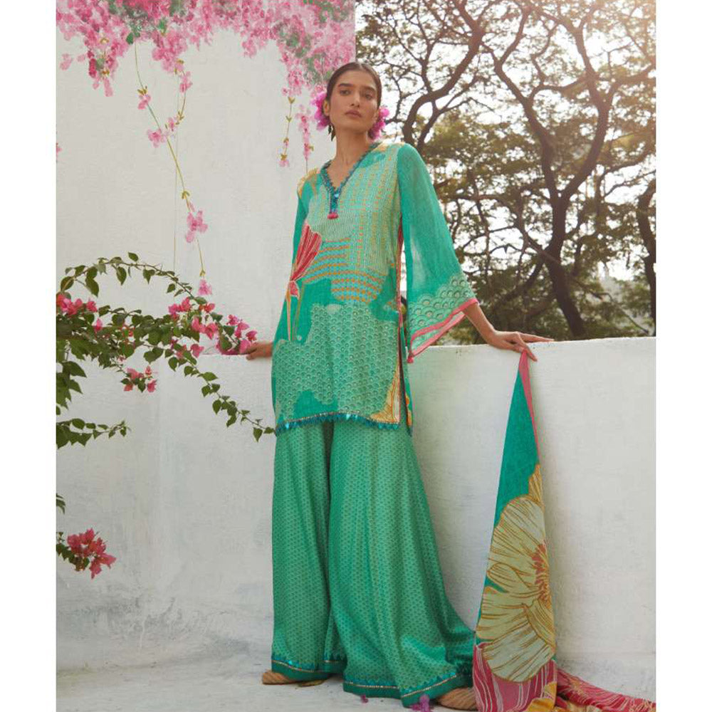 Basil Leaf Turquoise Sharara with Kurti and Dupatta (Set of 3)