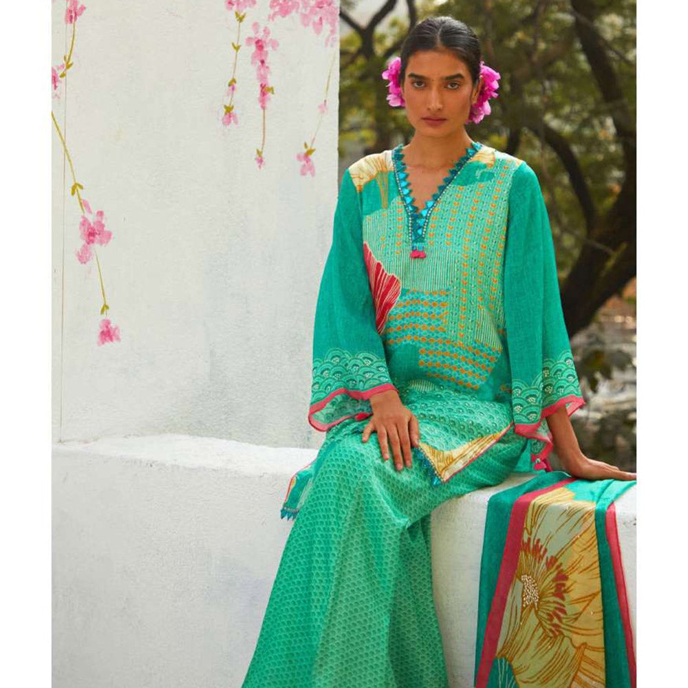 Basil Leaf Turquoise Sharara with Kurti and Dupatta (Set of 3)