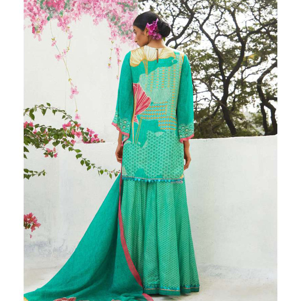 Basil Leaf Turquoise Sharara with Kurti and Dupatta (Set of 3)