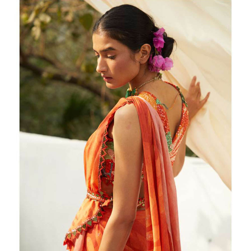 Basil Leaf Orange Pre-Draped Saree with Stitched Blouse and Belt