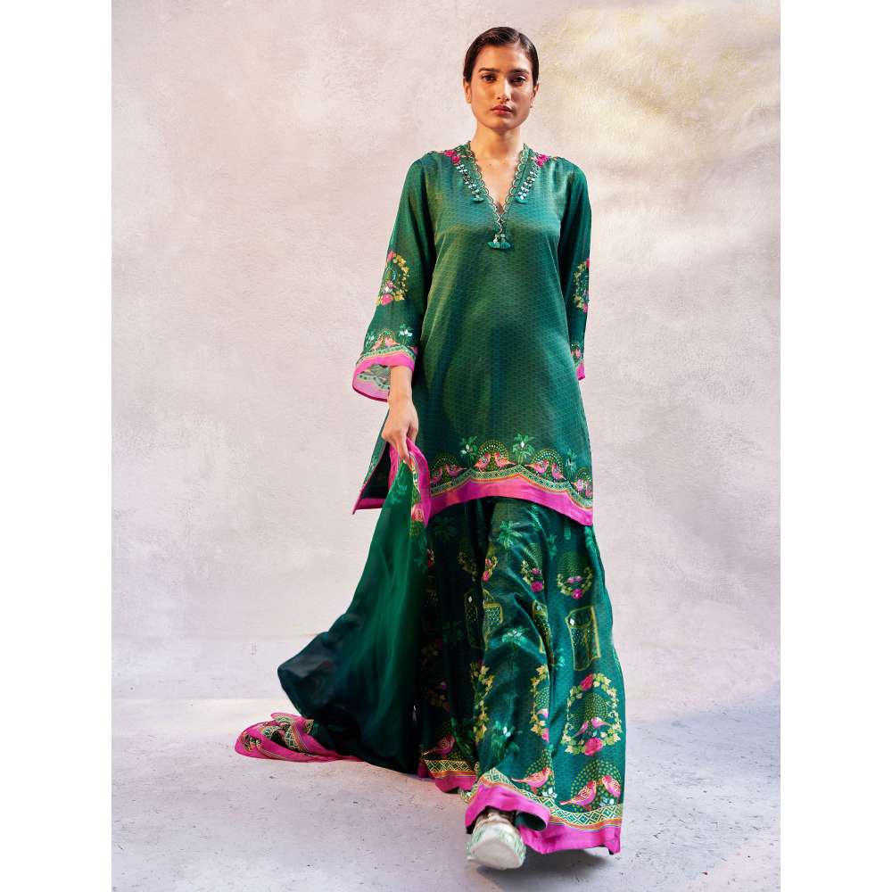 Basil Leaf Bottle Green Kurta with Palazzo and Dupatta (Set of 3)