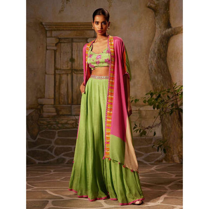 Basil Leaf Green Mint Ethnic Cape with Blouse and Palazzo (Set of 3)