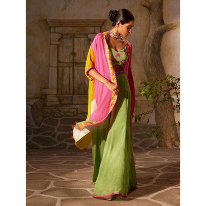 Basil Leaf Green Mint Ethnic Cape with Blouse and Palazzo (Set of 3)