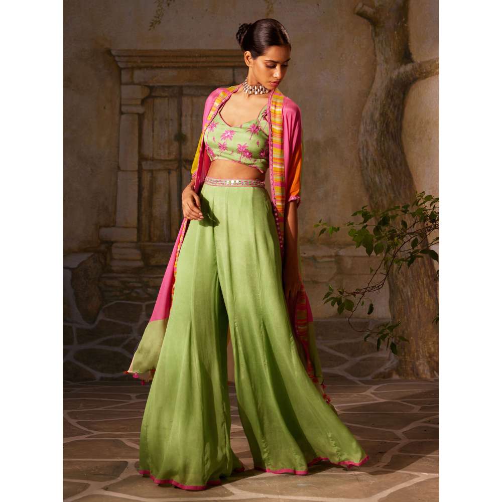 Basil Leaf Green Mint Ethnic Cape with Blouse and Palazzo (Set of 3)