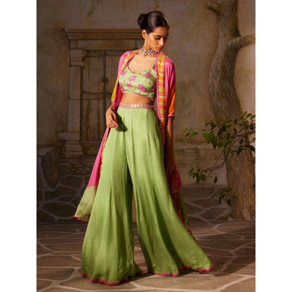 Basil Leaf Green Mint Ethnic Cape with Blouse and Palazzo (Set of 3)