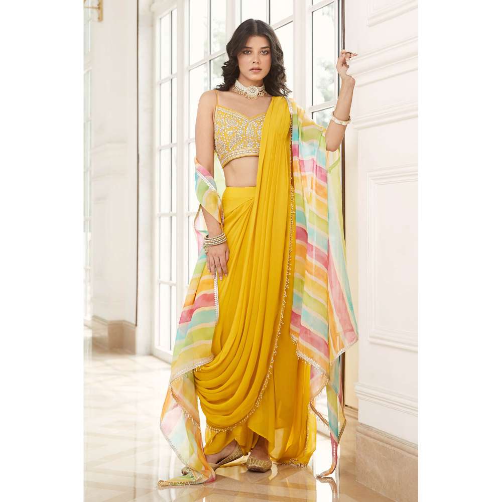 Basanti Kapde aur Koffee Yellow Pre-Draped Cape Saree with Stitched Blouse (Set of 3)