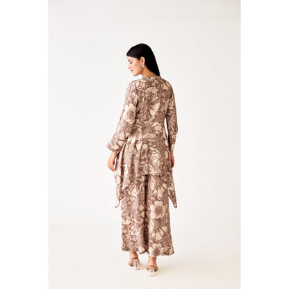 Basanti Kapde aur Koffee Brown Muslin Floral Print Kurta and Pant (Set of 2)