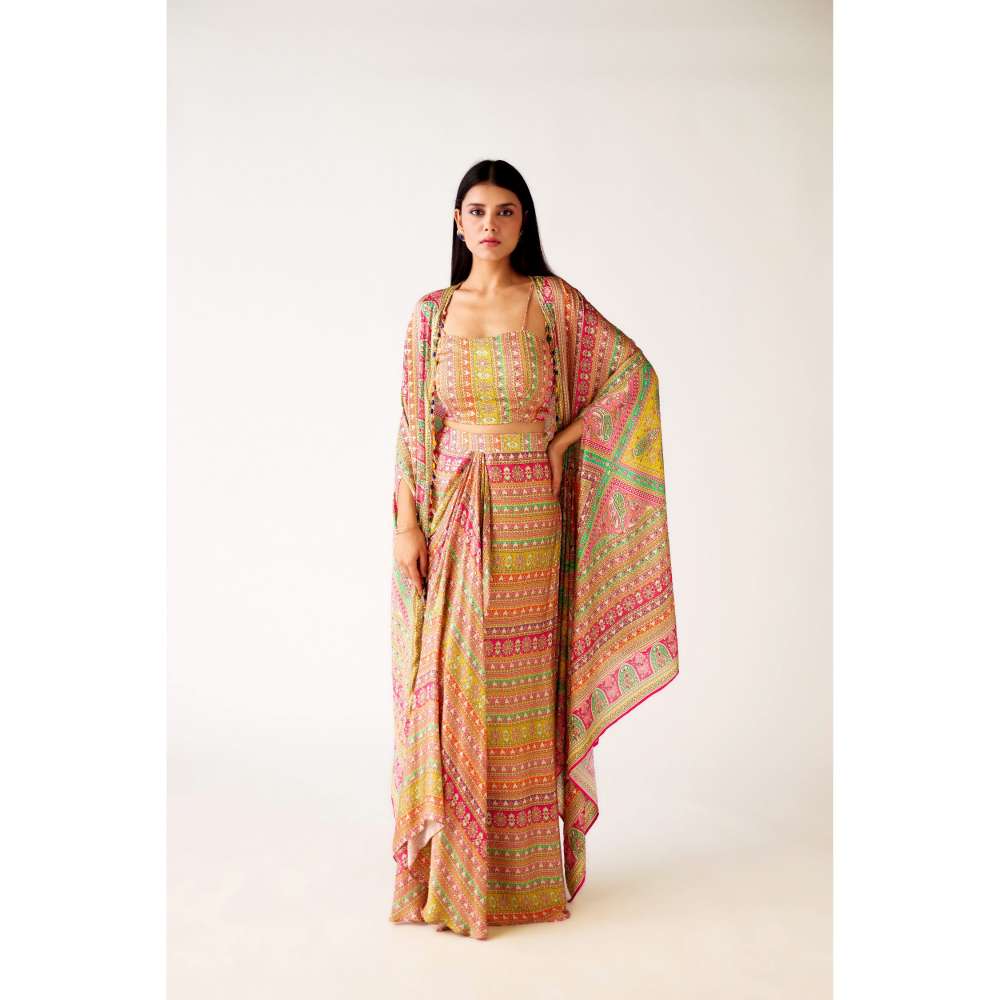 Basanti Kapde aur Koffee Multicolor Satin Embroidered Cape with Blouse and Skirt (Set of 3)