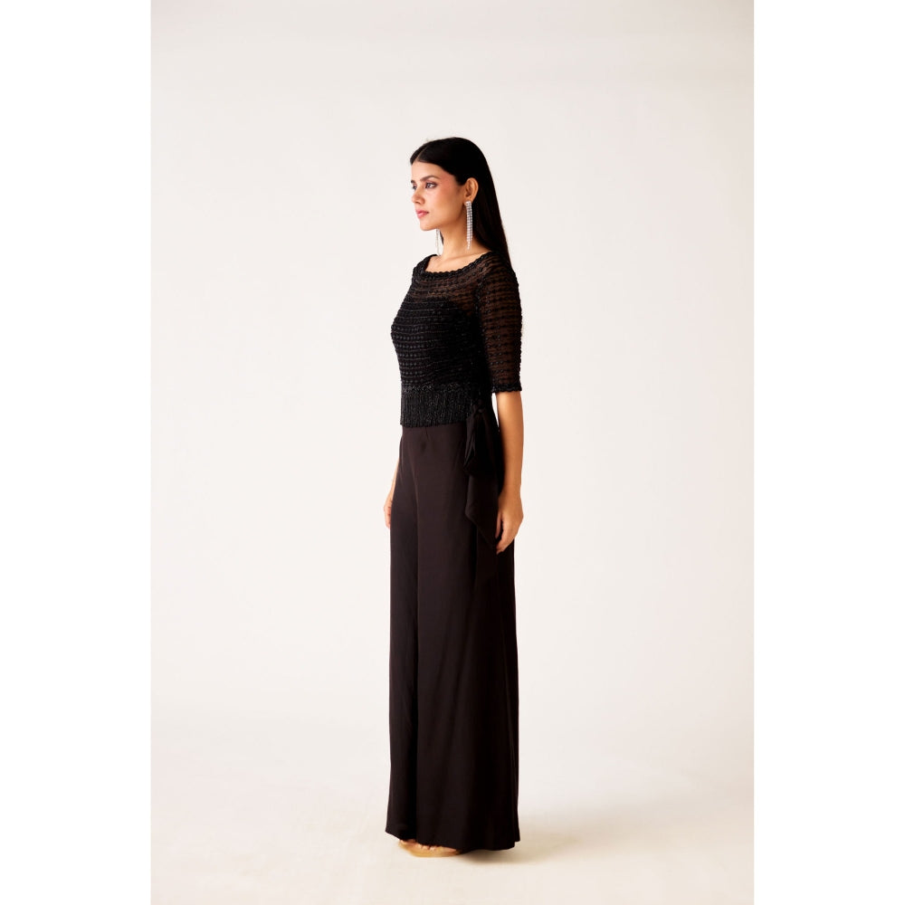 Basanti Kapde aur Koffee Black Organza Embroidered Top with Inner and Pant (Set of 3)