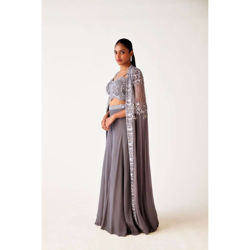 Basanti Kapde aur Koffee Grey Georgette Embroidered Jacket with Blouse and Palazzo (Set of 3)