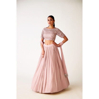 Basanti Kapde aur Koffee Pink Chinon Embroidered Blouse with Lehenga and Dupatta (Set of 3)