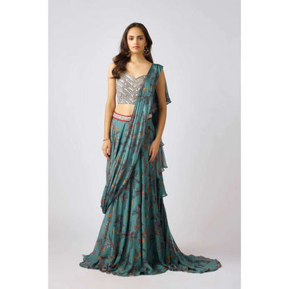 Basanti Kapde aur Koffee Sage Green Chinon Blouse with Lehenga and Draped Dupatta (Set of 3)