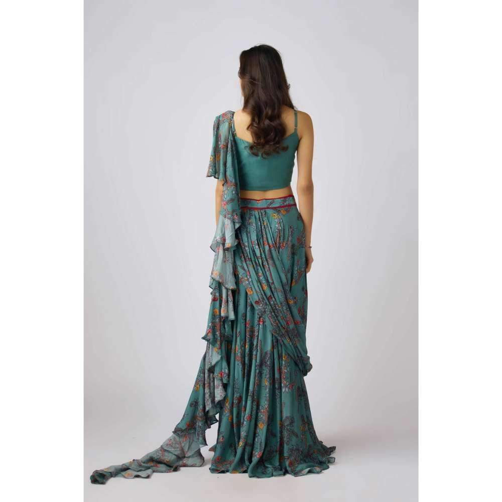Basanti Kapde aur Koffee Sage Green Chinon Blouse with Lehenga and Draped Dupatta (Set of 3)