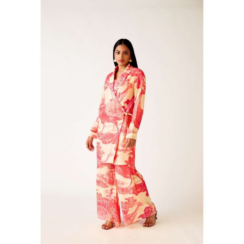 Basanti Kapde aur Koffee Pink Linen Floral Blazer Jacket with Bustier & Palazzo (Set of 3)