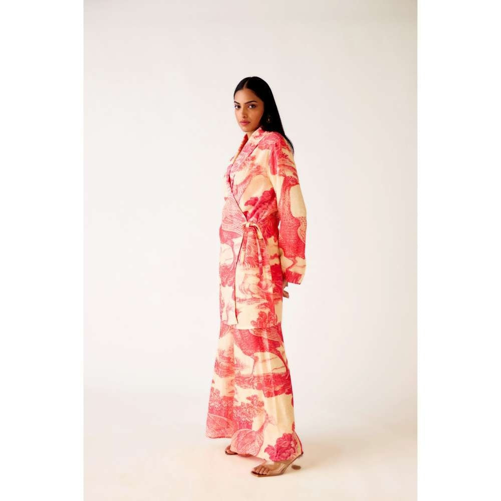 Basanti Kapde aur Koffee Pink Linen Floral Blazer Jacket with Bustier & Palazzo (Set of 3)