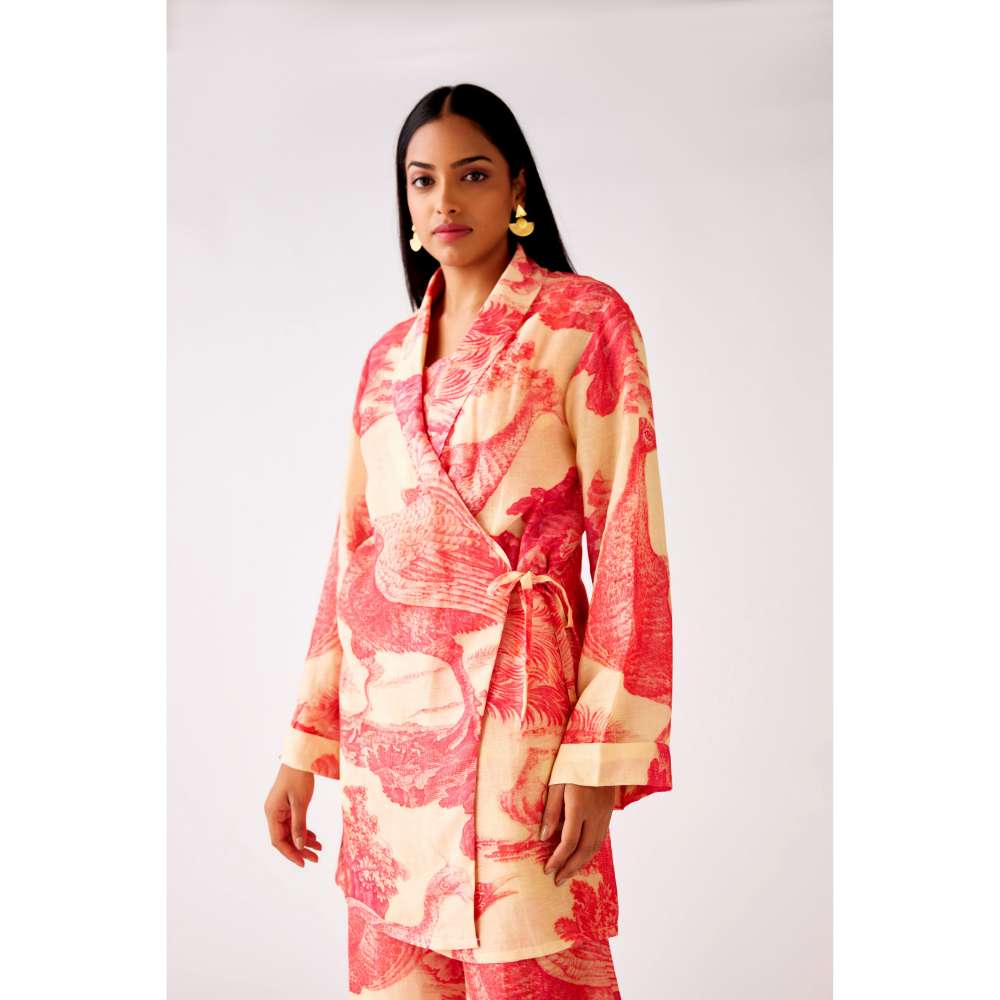 Basanti Kapde aur Koffee Pink Linen Floral Blazer Jacket with Bustier & Palazzo (Set of 3)
