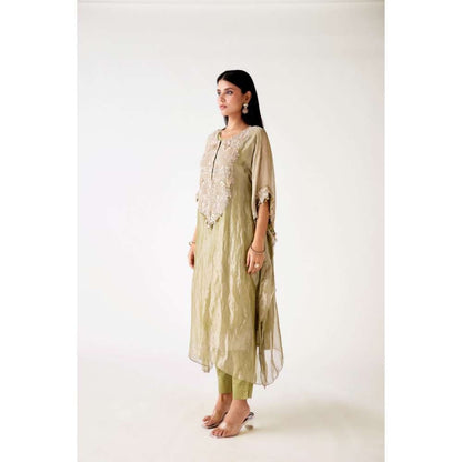 Basanti Kapde aur Koffee Green Tissue Embroidered Kaftan and Pant (Set of 2)