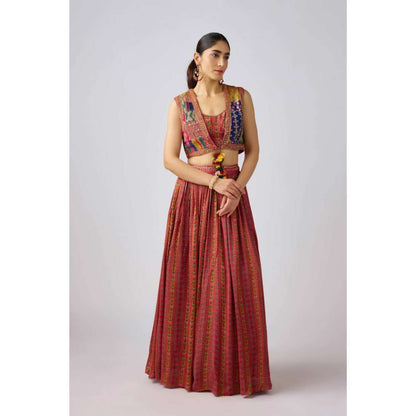 Basanti Kapde aur Koffee Multicolor Crepe Embroidered Jacket with Blouse and Lehenga (Set of 3)