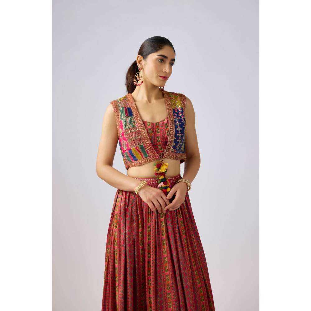 Basanti Kapde aur Koffee Multicolor Crepe Embroidered Jacket with Blouse and Lehenga (Set of 3)