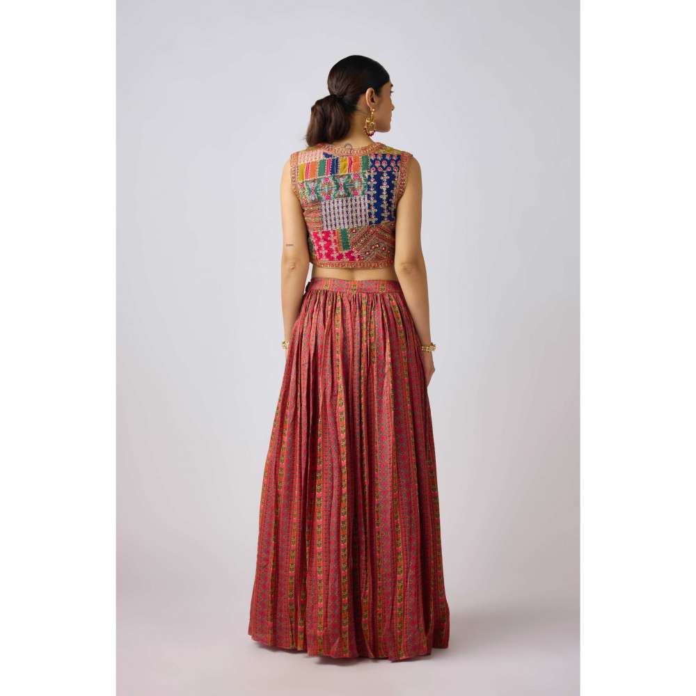 Basanti Kapde aur Koffee Multicolor Crepe Embroidered Jacket with Blouse and Lehenga (Set of 3)