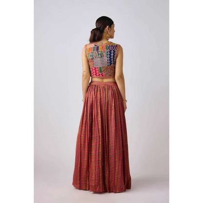 Basanti Kapde aur Koffee Multicolor Crepe Embroidered Jacket with Blouse and Lehenga (Set of 3)