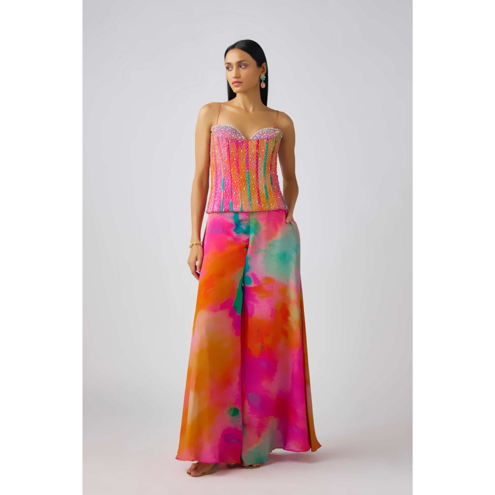 Basanti Kapde aur Koffee Multicolor Crepe Swarovski Beads Corset Blouse Sharara (Set of 2)