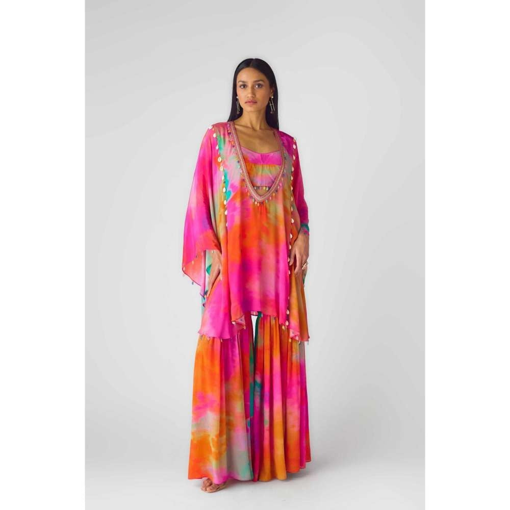Basanti Kapde aur Koffee Womens Printed Multi-Color Bustier with Kaftan and Sharara (Set of 3)
