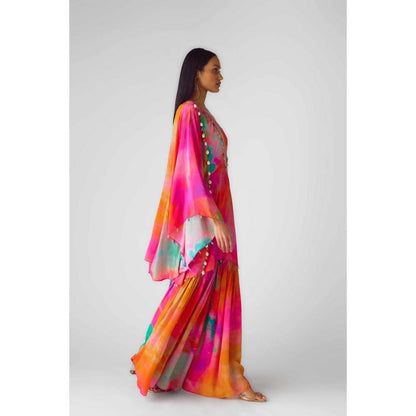 Basanti Kapde aur Koffee Womens Printed Multi-Color Bustier with Kaftan and Sharara (Set of 3)