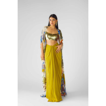 Basanti Kapde aur Koffee Womens Printed Multi-Color Crop Top with Skirt and Cape (Set of 3)