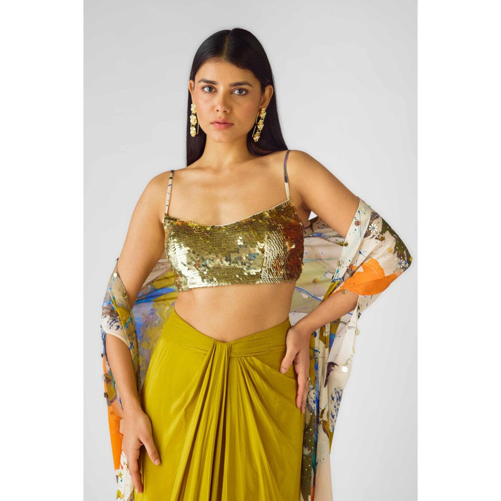 Basanti Kapde aur Koffee Womens Printed Multi-Color Crop Top with Skirt and Cape (Set of 3)