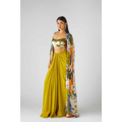 Basanti Kapde aur Koffee Womens Printed Multi-Color Crop Top with Skirt and Cape (Set of 3)