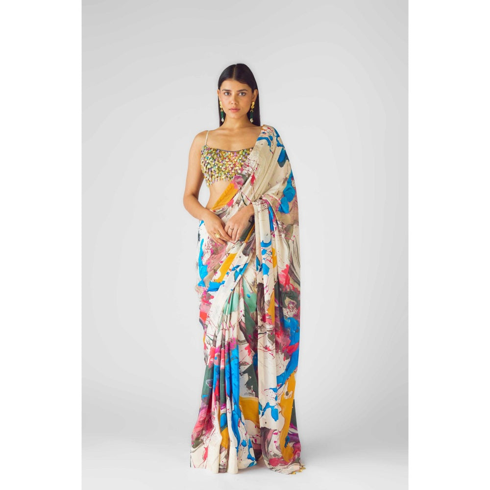 Basanti Kapde aur Koffee Womens Printed Multi-Color Saree with Stitched Blouse