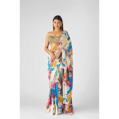 Basanti Kapde aur Koffee Womens Printed Multi-Color Saree with Stitched Blouse