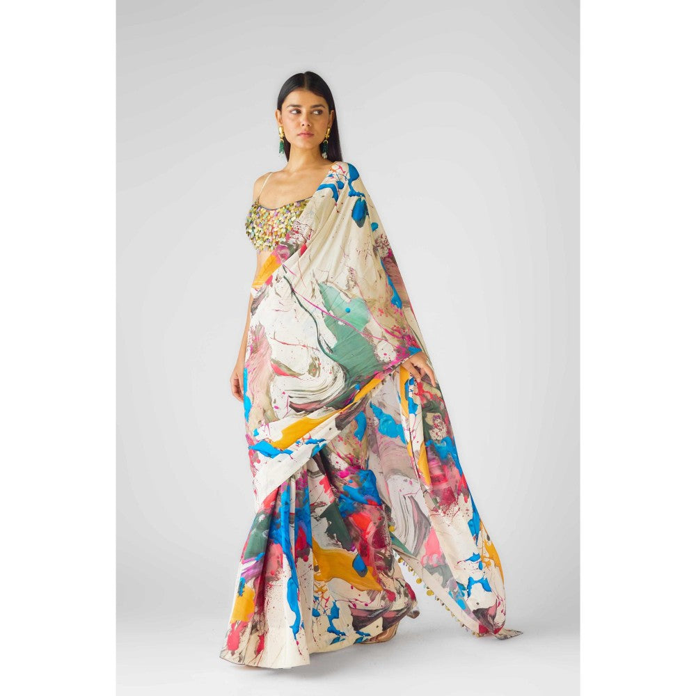 Basanti Kapde aur Koffee Womens Printed Multi-Color Saree with Stitched Blouse