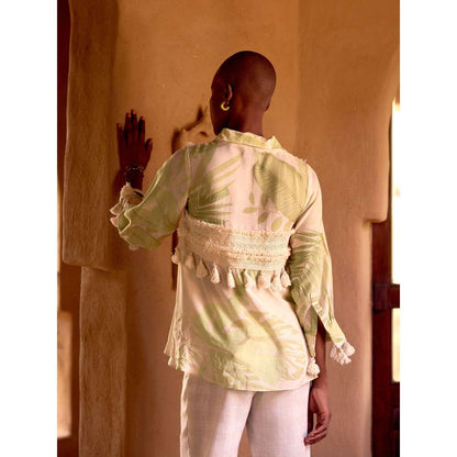 Basanti Kapde aur Koffee Green Palm Reverie Muslin Shirt