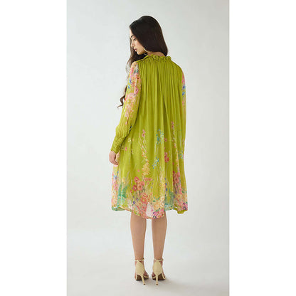 Basanti Kapde aur Koffee Lime Georgette Embroidered Flora Flow Knee Length Dress