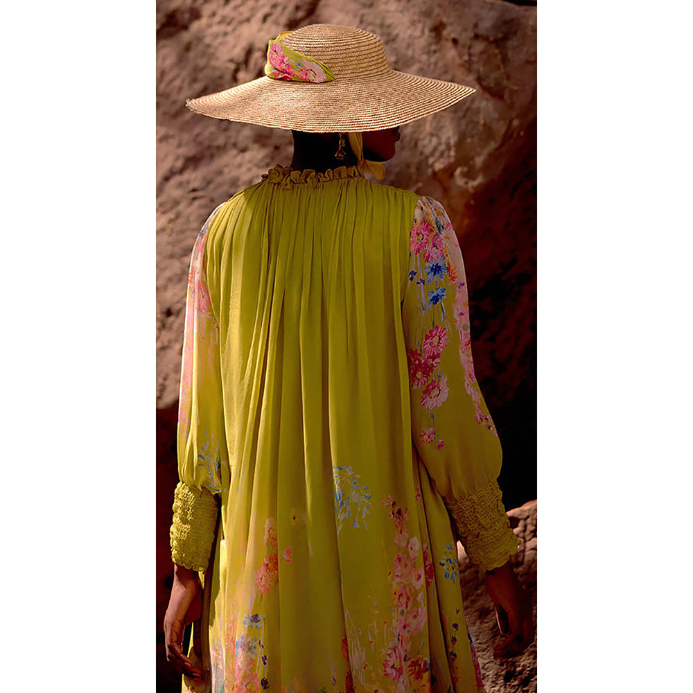 Basanti Kapde aur Koffee Lime Georgette Embroidered Flora Flow Knee Length Dress