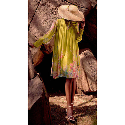 Basanti Kapde aur Koffee Lime Georgette Embroidered Flora Flow Knee Length Dress