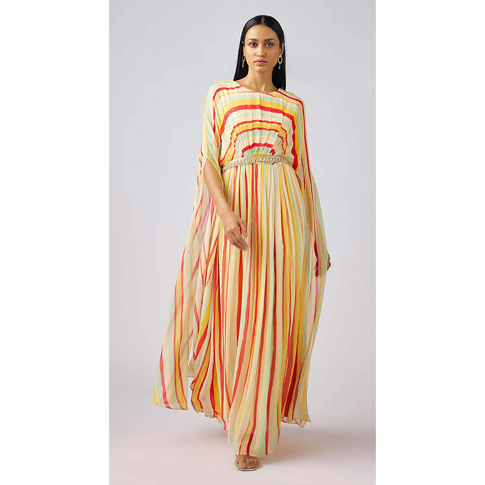 Basanti Kapde aur Koffee Yellow Georgette Abstract Embellished Maxi Dress