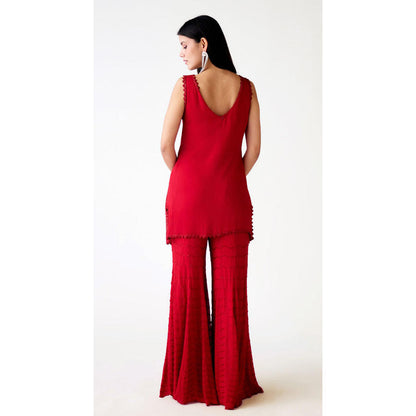 Basanti Kapde aur Koffee Red Georgette Embroidered Sharara With Kurta