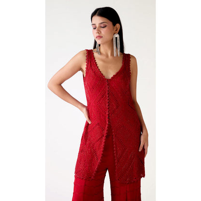 Basanti Kapde aur Koffee Red Georgette Embroidered Sharara With Kurta
