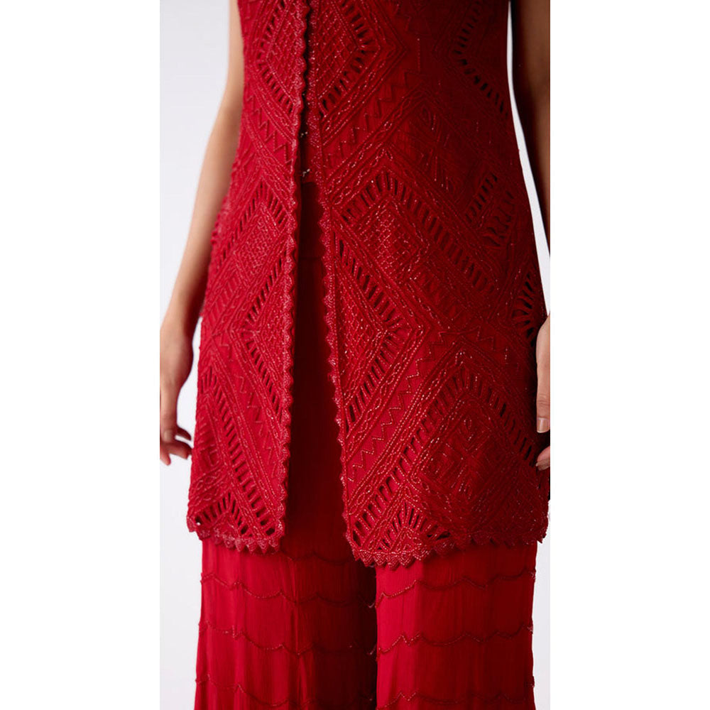 Basanti Kapde aur Koffee Red Georgette Embroidered Sharara With Kurta