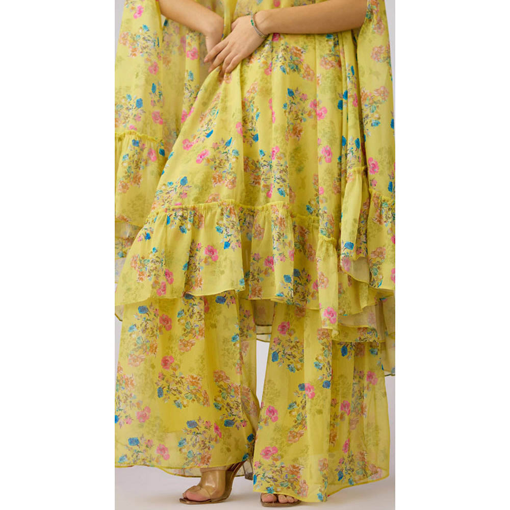 Basanti Kapde aur Koffee Yellow Floral Print Sharara With Cape And Bustier
