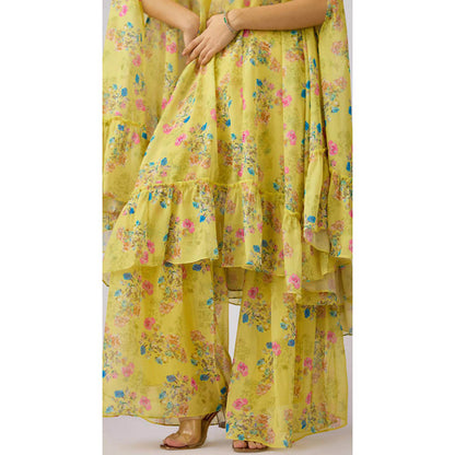 Basanti Kapde aur Koffee Yellow Floral Print Sharara With Cape And Bustier