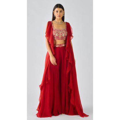 Basanti Kapde aur Koffee Red Chiffon Embroidered Cape With Blouse And Sharara