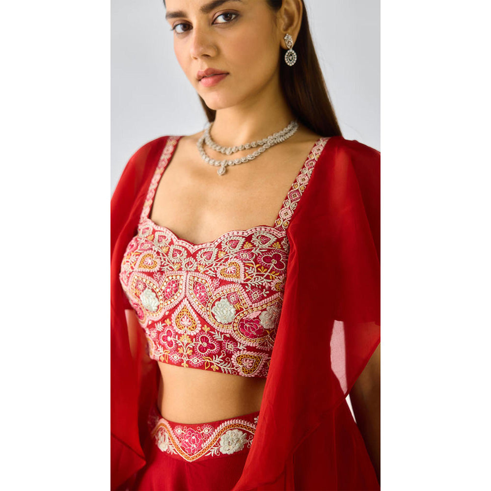 Basanti Kapde aur Koffee Red Chiffon Embroidered Cape With Blouse And Sharara