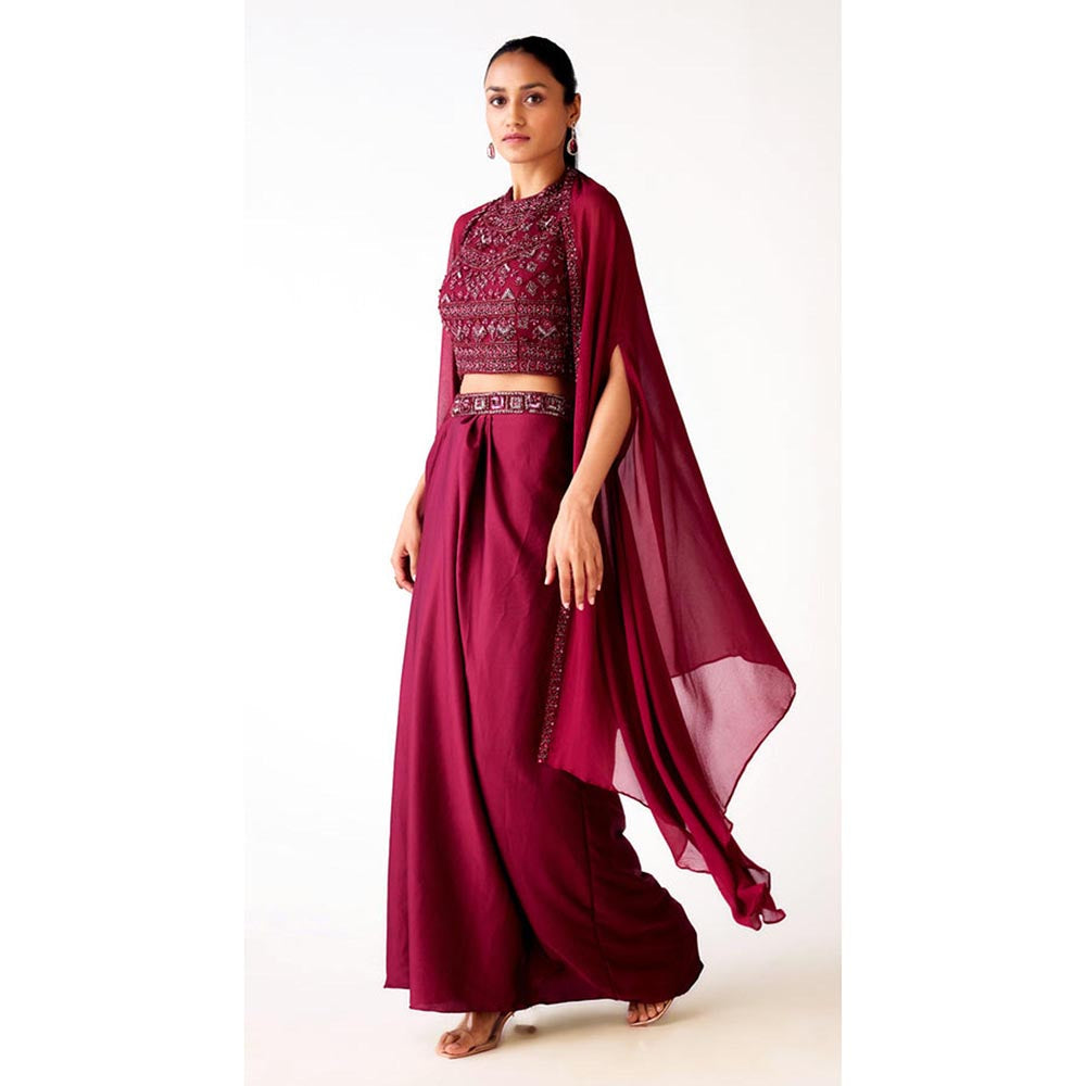 Basanti Kapde aur Koffee Maroon Satin Embroidered Cape With Skirt And Bustier